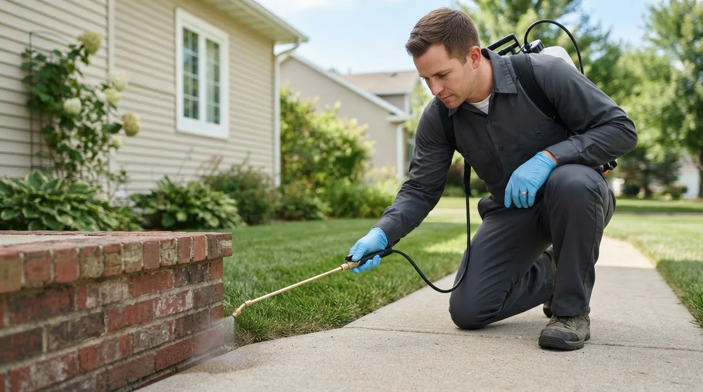 Pest control technician treating a home near Paris, MO
